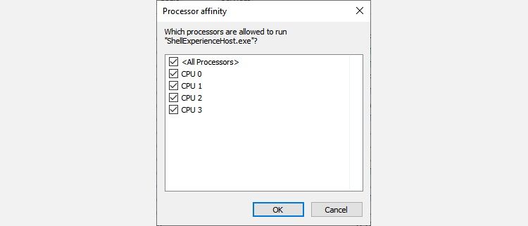 affinité du processeur pour le processus shellexperiencehost sous Windows 10