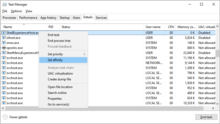 shellexperiencehost dans le gestionnaire de tâches sur Windows 10, avec l'affinité définie en surbrillance