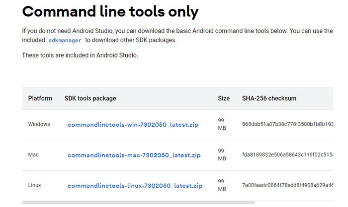 Installer Android Studio Sdk Outils de ligne de commande Windows 10 uniquement