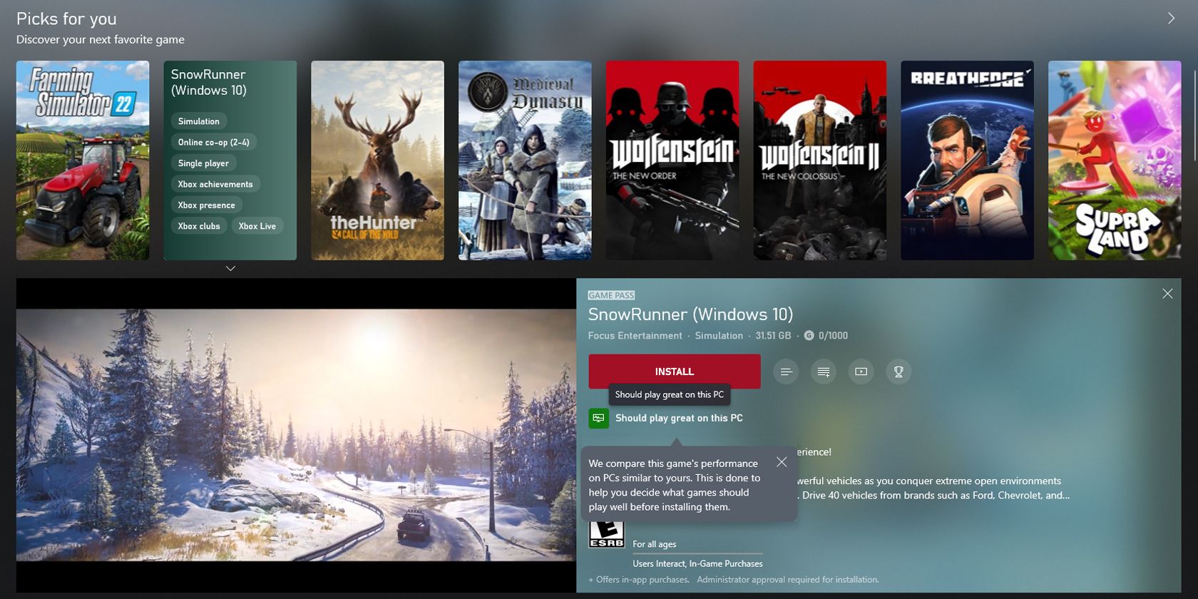 Application Xbox affichant l'indicateur d'ajustement des performances de jeu pour SnowRunner