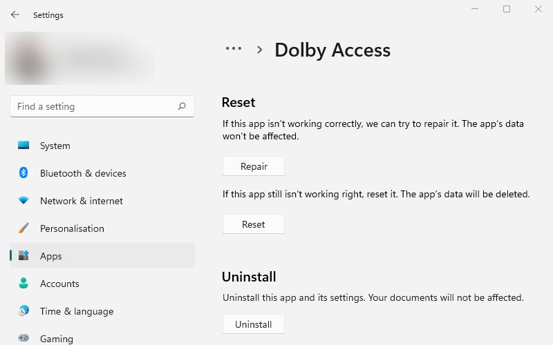Réinitialiser l'application Dolby Access