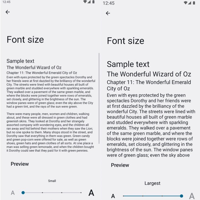 Modifications de la taille de la police Menu des paramètres d'affichage Android