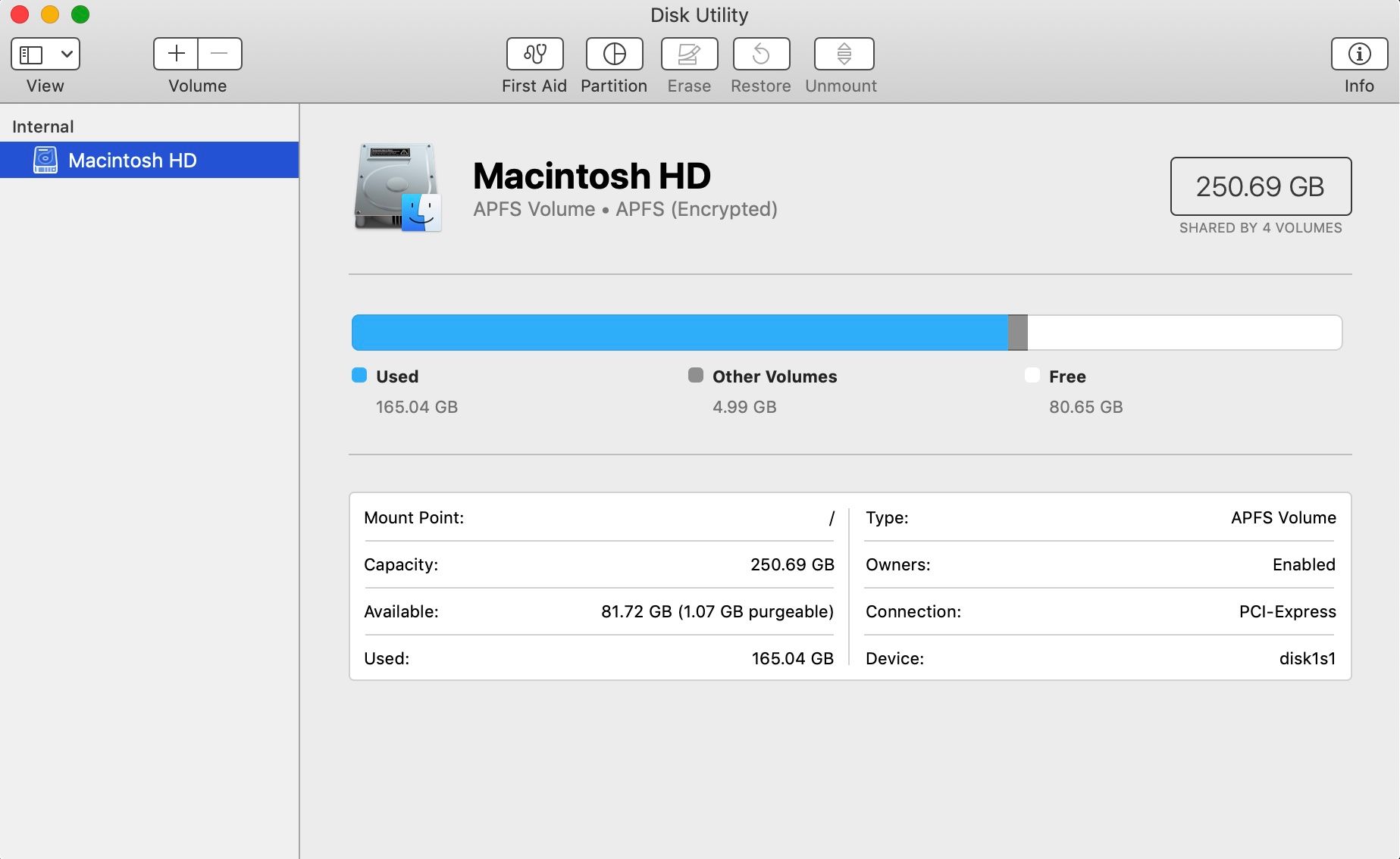 Capture d'écran de l'application Utilitaire de disque sur un ordinateur macbook.
