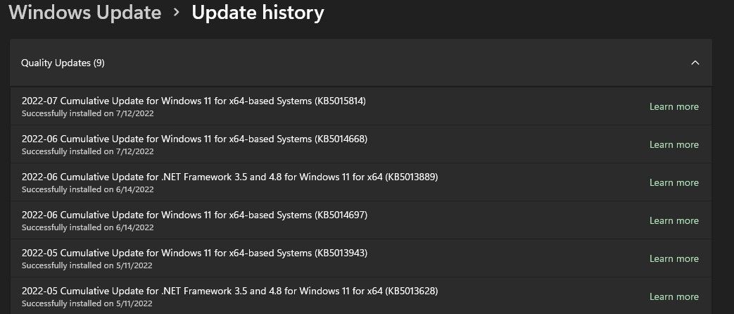 Historique des mises à jour sur Windows 11 