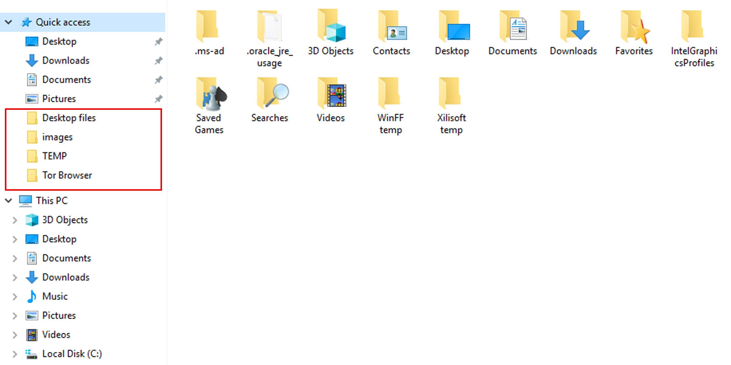 Dossiers du menu d'accès rapide de Windows