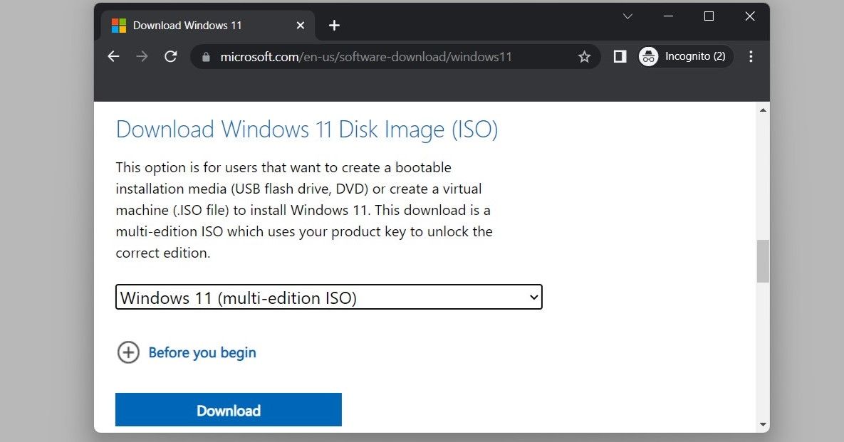 Télécharger le fichier ISO de Windows 11 à partir de la page de support Microsoft