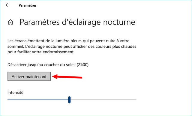 Activer l'éclairage nocturne de Windows 10