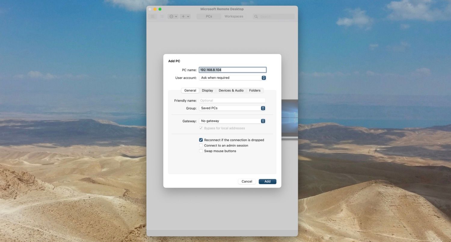 Boîte de dialogue Ajouter un PC dans l'application Microsoft Remote Desktop.