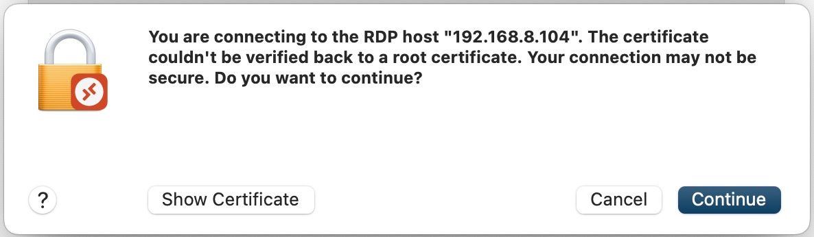 Boîte de dialogue de sécurité RDP dans Microsoft Remote Desktop.