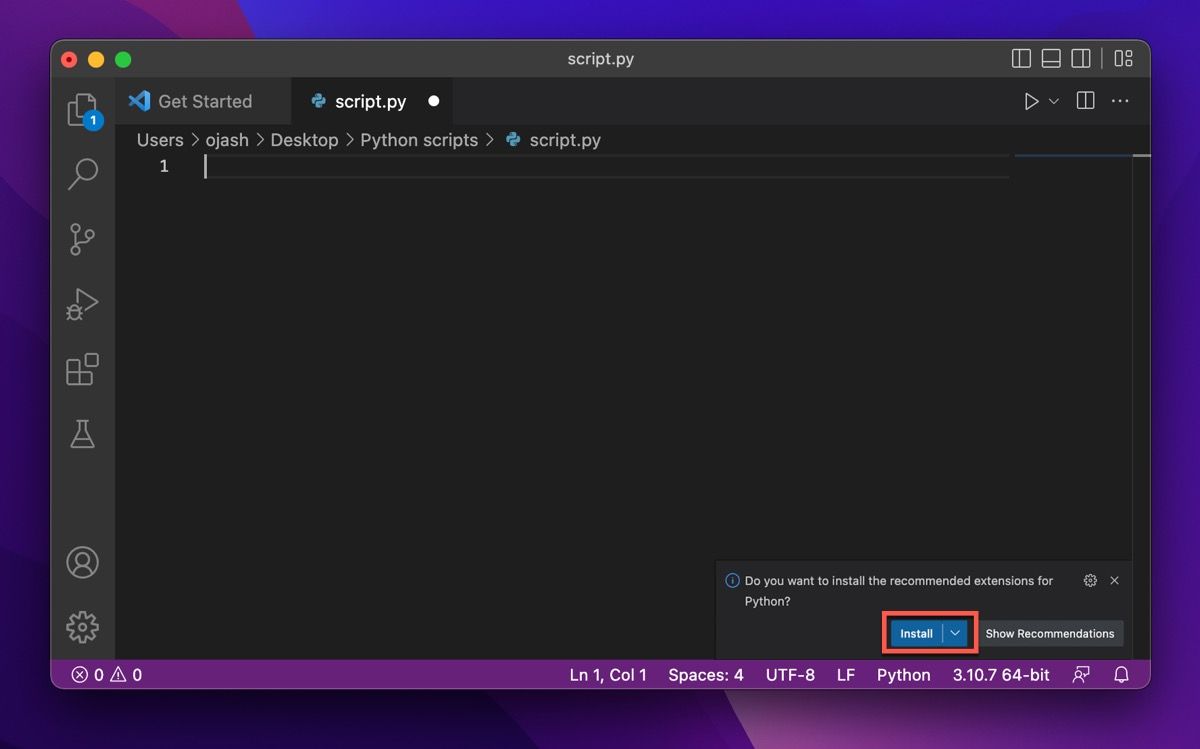 code visual studio pop-up pour installer l'extension python