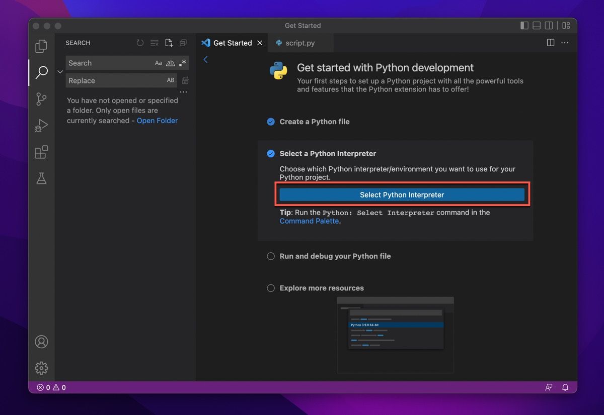 sélectionner l'interpréteur python dans le code Visual Studio