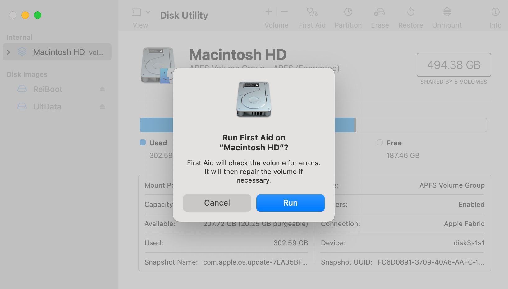 Exécutez l'invite de premiers secours dans l'utilitaire de disque macOS