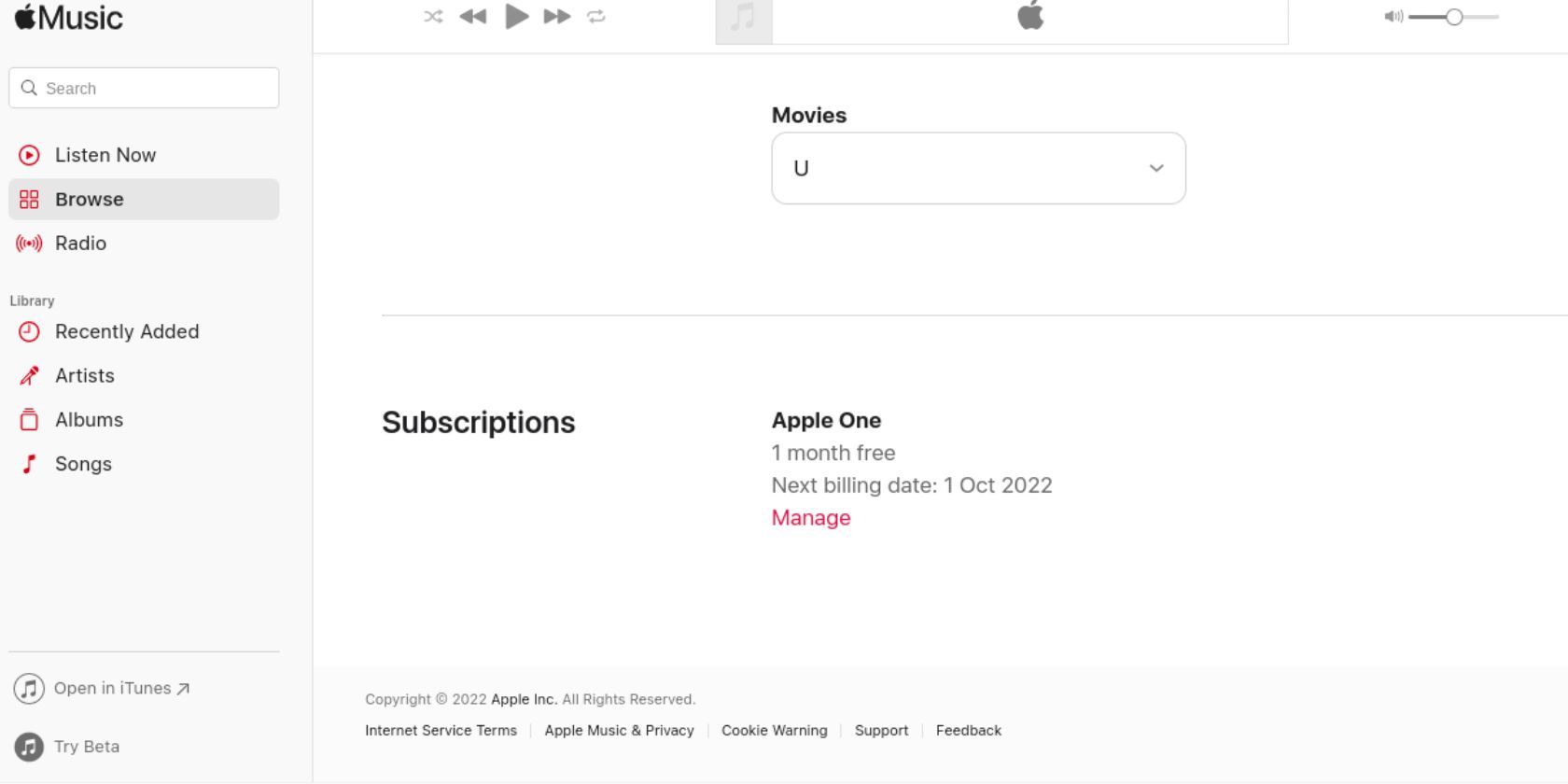 La page de gestion des abonnements sur l'application Web Apple Music
