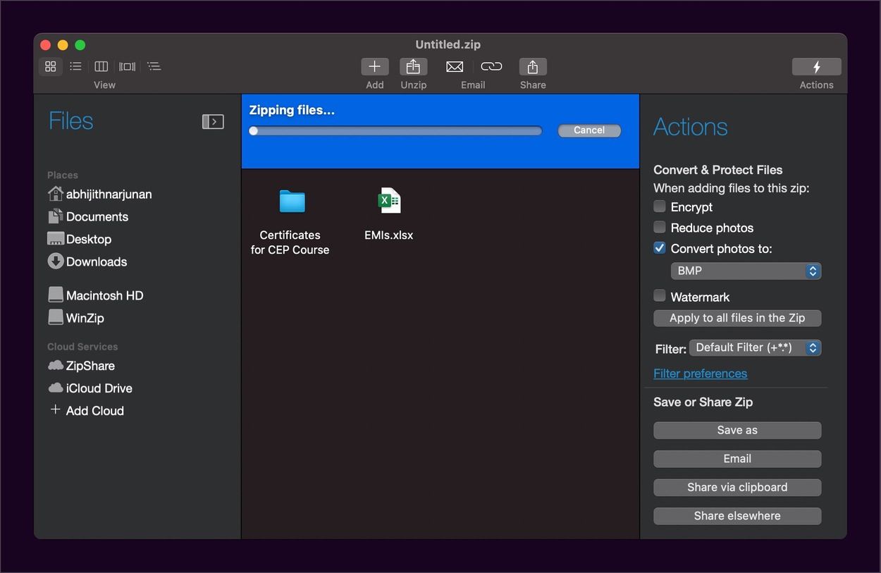 Fenêtre de l'application WinZip pour Mac