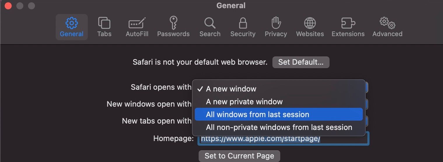 afficher les options sur Safari s'ouvre avec le menu sur Mac