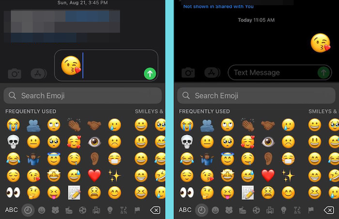 Différents types d'icônes emoji vus comme des emoji plus gros sur le message envoyé