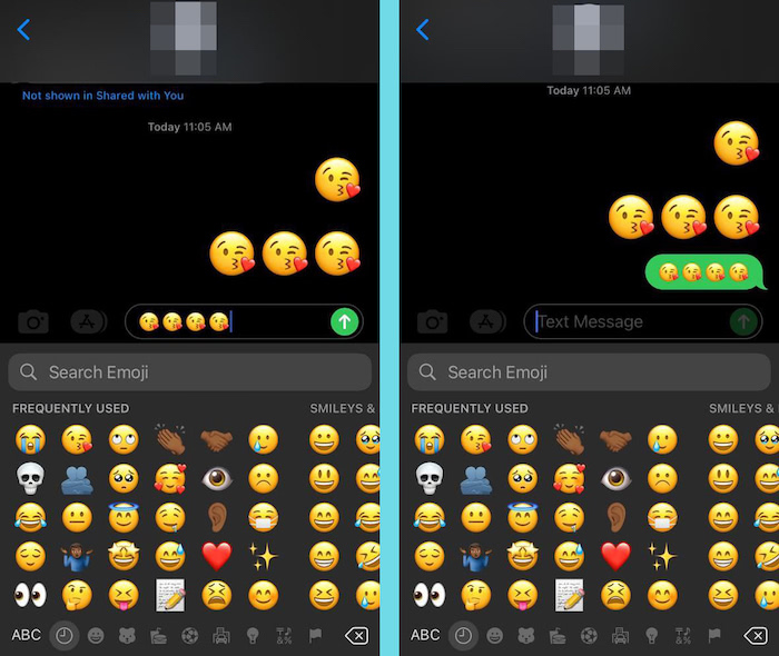 Quatre emojis envoyés affichent des icônes plus petites sur le message envoyé