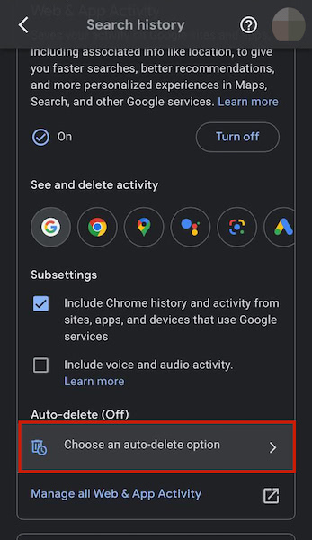 Option de suppression automatique située dans le menu historique de navigation de la version Chrome iOs