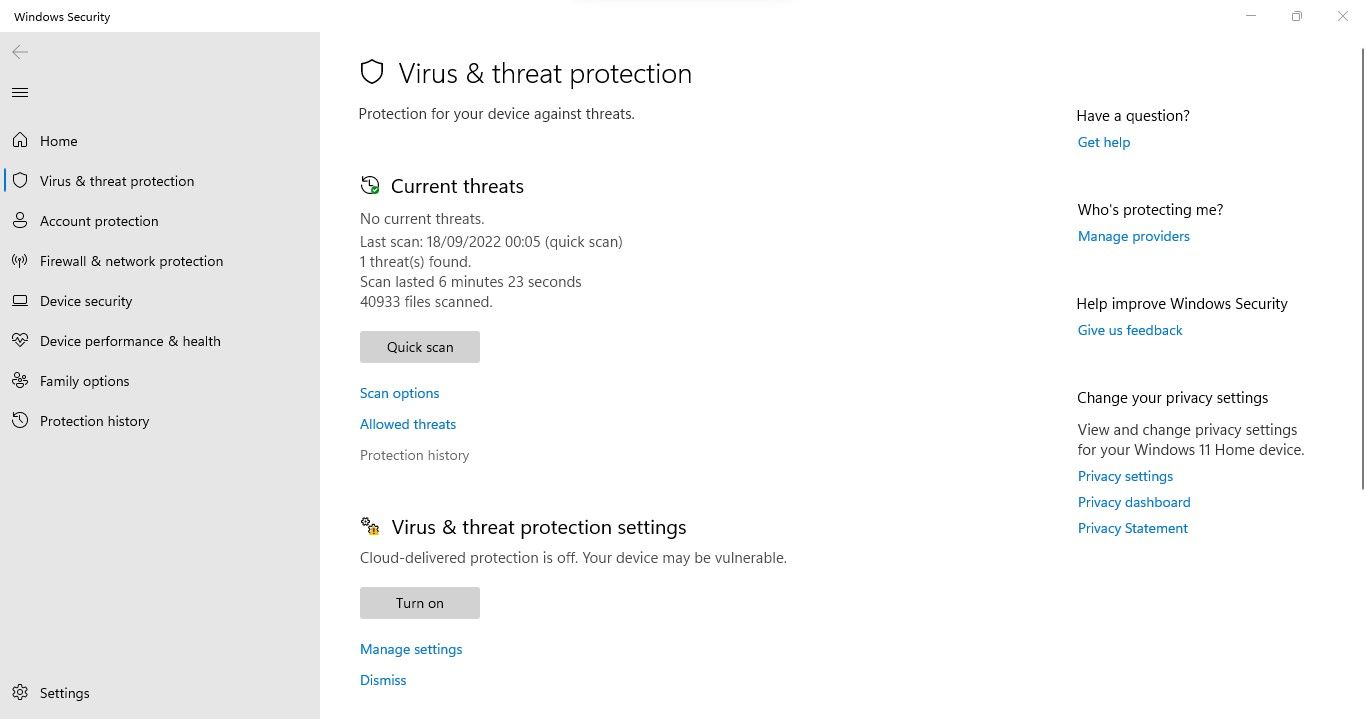 En cliquant sur l'option Historique de protection sous Protection contre les virus et les menaces dans l'application Paramètres Windows