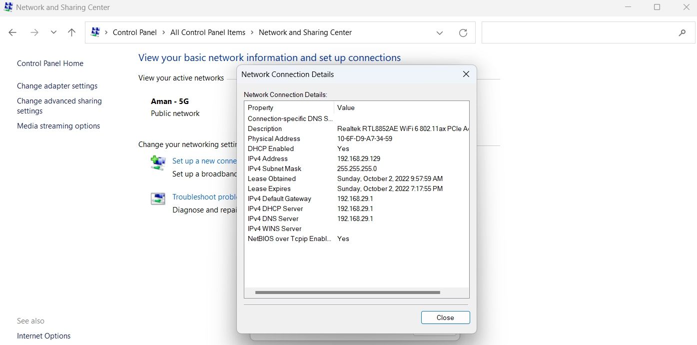 Affichage du serveur DNS dans la fenêtre du Panneau de configuration