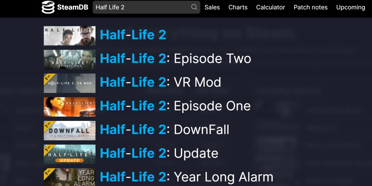 capture d'écran de steamdb à la recherche de half life 2