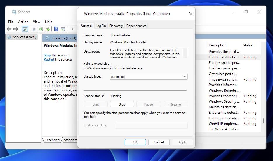 La fenêtre des propriétés du service d'installation des modules Windows 