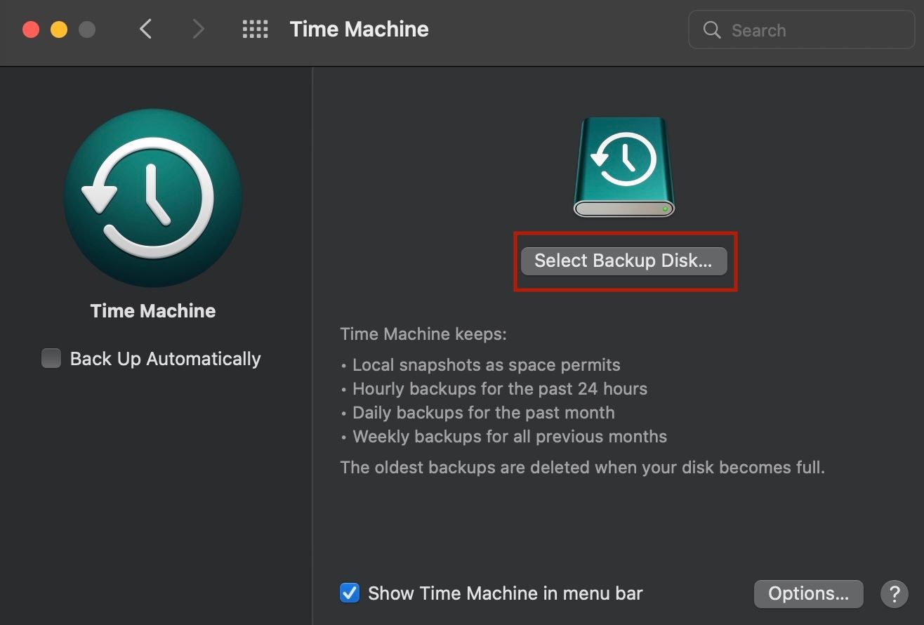 Time Machine Sélectionner l'option de disque de sauvegarde