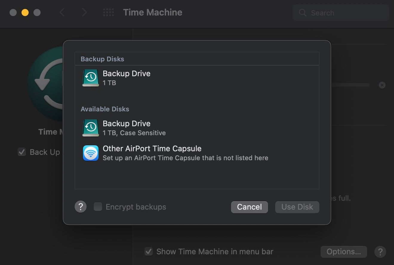 Fenêtre de sélection de disque dans Time Machine