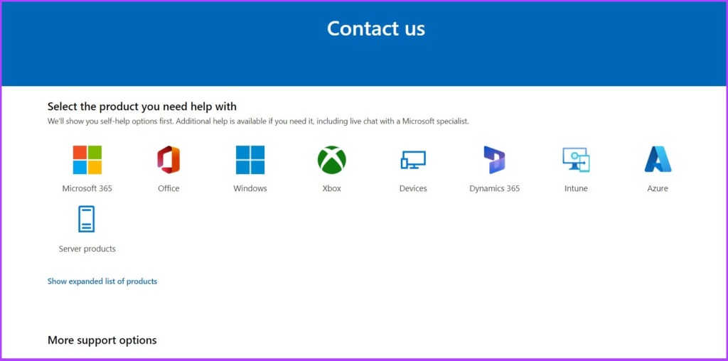 Page Contactez-nous de Microsoft
