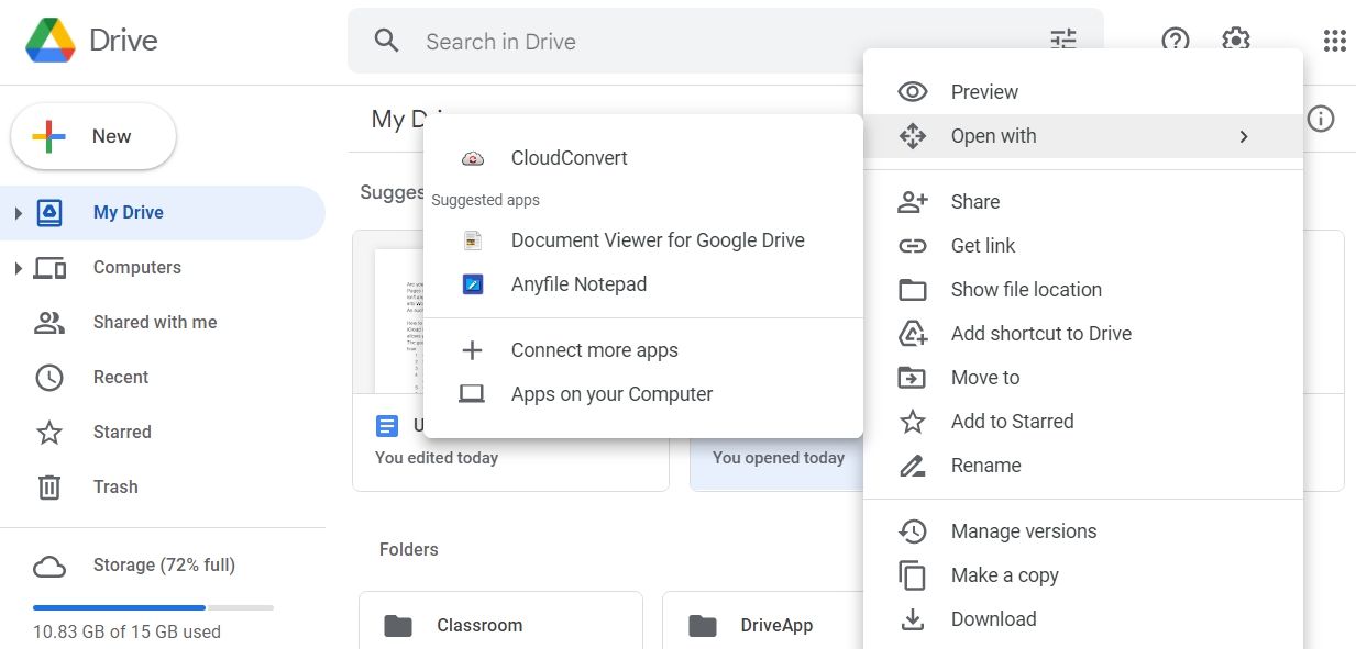 Option CloudConvert de Google Drive