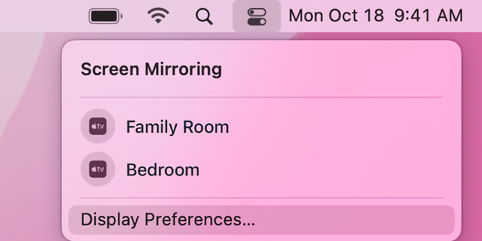 Les options AirPlay Screen Mirroring dans la barre de menus macOS