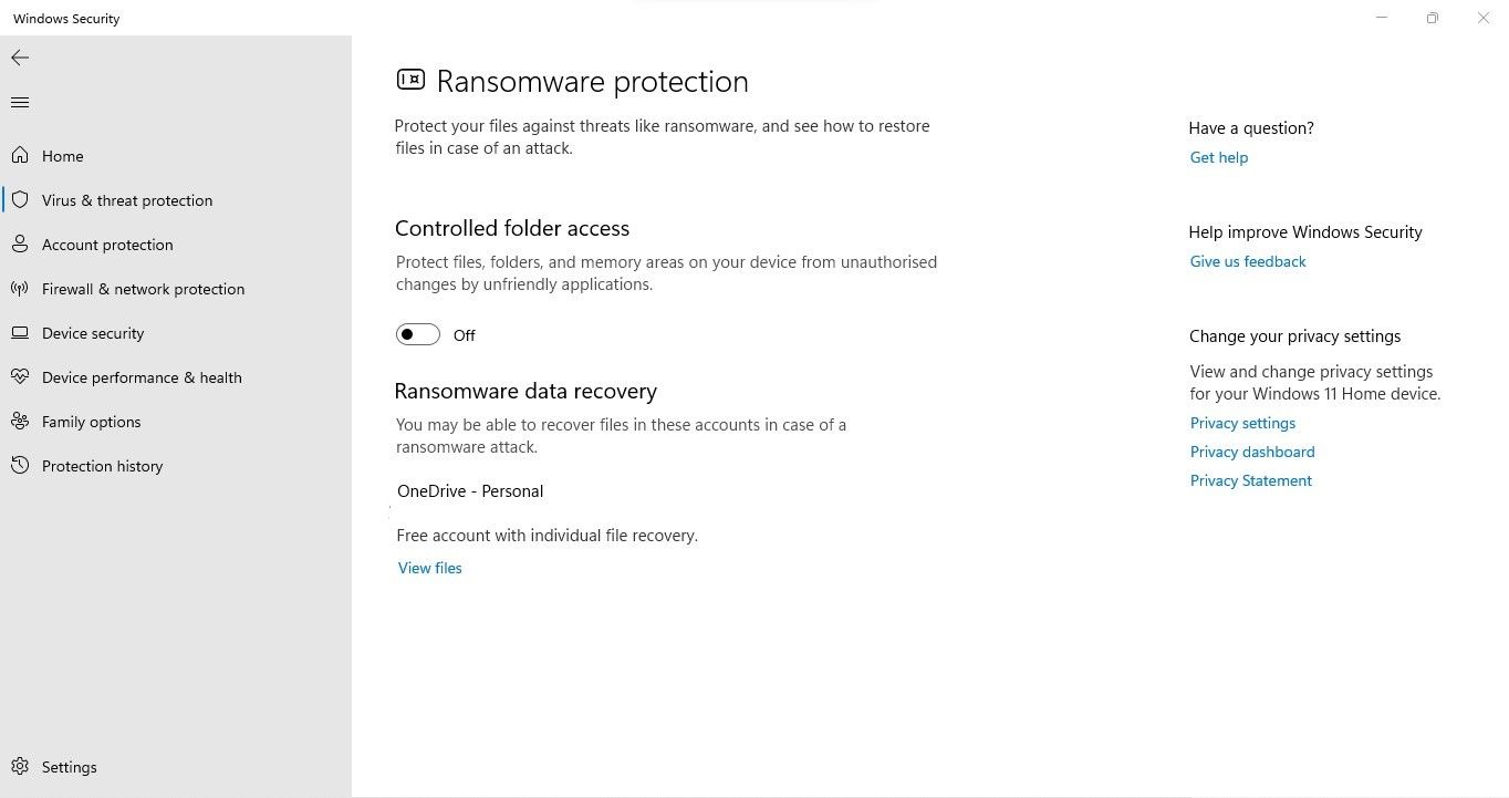 Désactivation de la protection contre les ransomwares en désactivant la bascule sous l'accès contrôlé aux dossiers dans l'application de sécurité Windows sous Windows