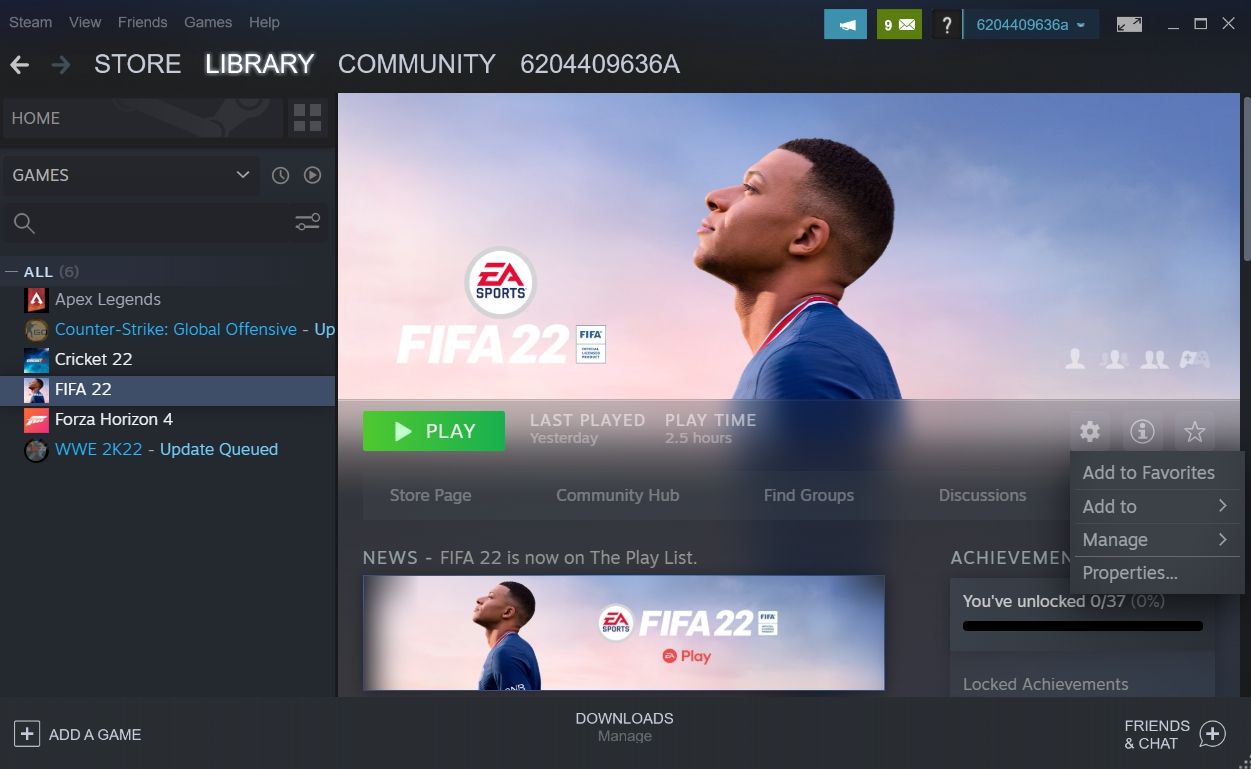 Option Propriétés Steam pour FIFA 22