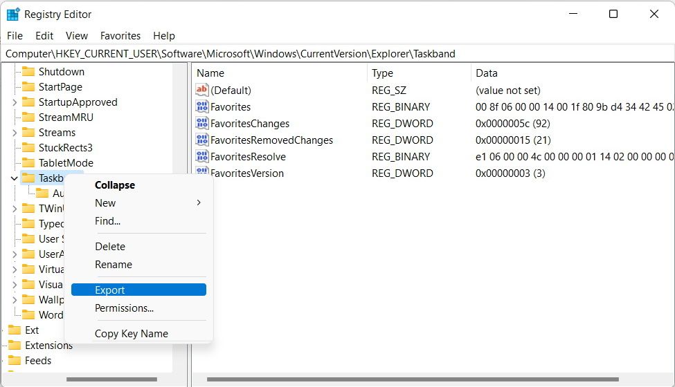 exportation de la clé de la bande de tâches du registre sous Windows 11
