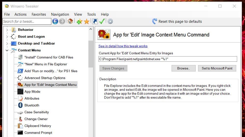 L'option de menu contextuel de l'application pour modifier l'image 