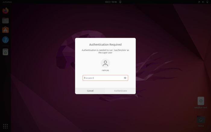 Ouvrir la racine des fichiers Ubuntu 19 Pkexec Run