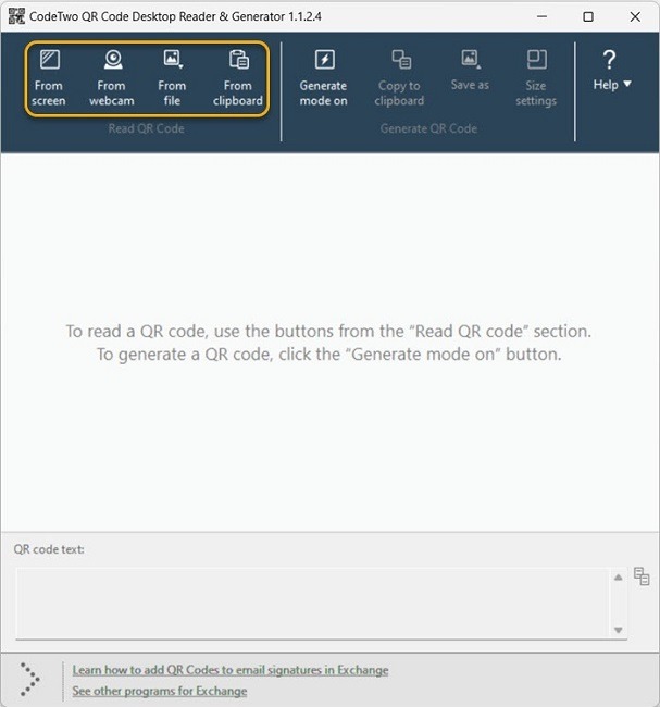 Vue de l'interface de l'application Codetwo QR Code Reader