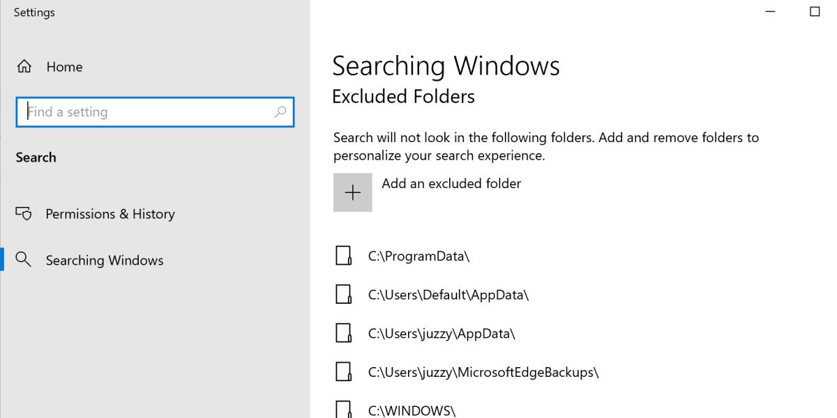 capture d'écran des dossiers exclus des paramètres de recherche Windows