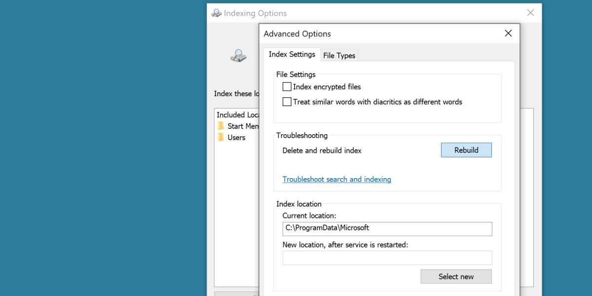 capture d'écran des options d'index de recherche de Windows 11