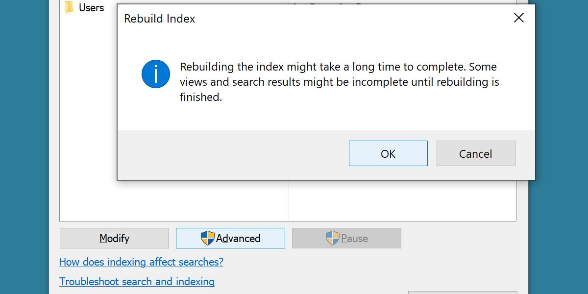 capture d'écran de la reconstruction de l'index de recherche Windows