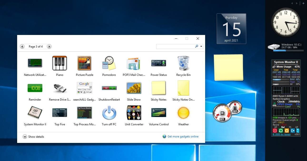 Gadgets de bureau pour Windows 10