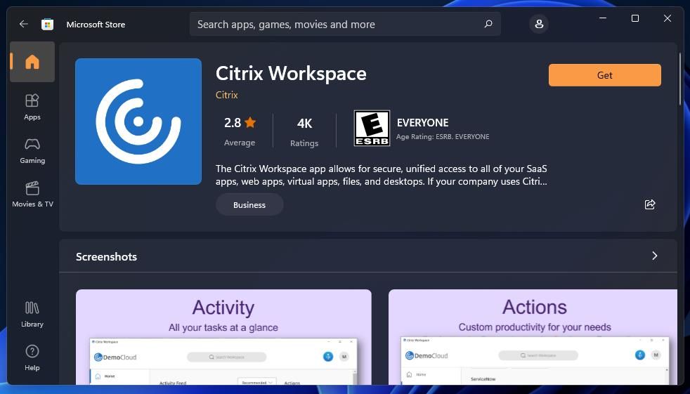 Le bouton Obtenir pour Citrix Workspace