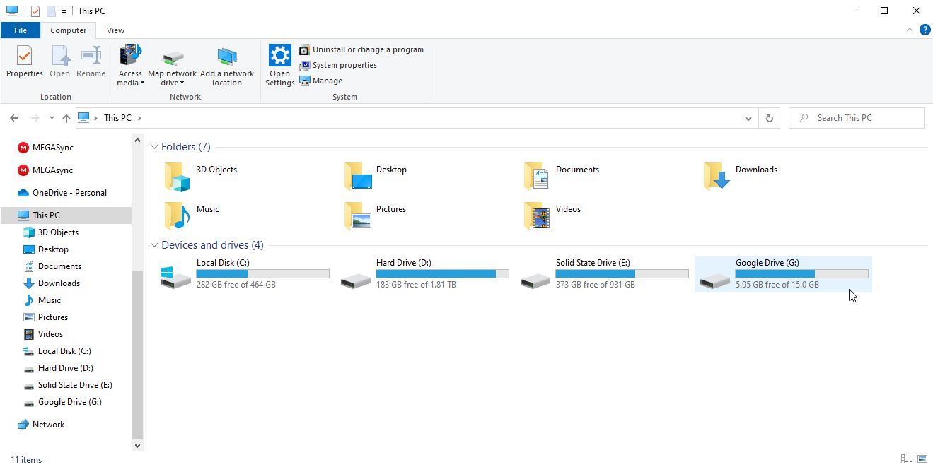 Une capture d'écran de Google Drive ajoutée à l'explorateur de fichiers Windows