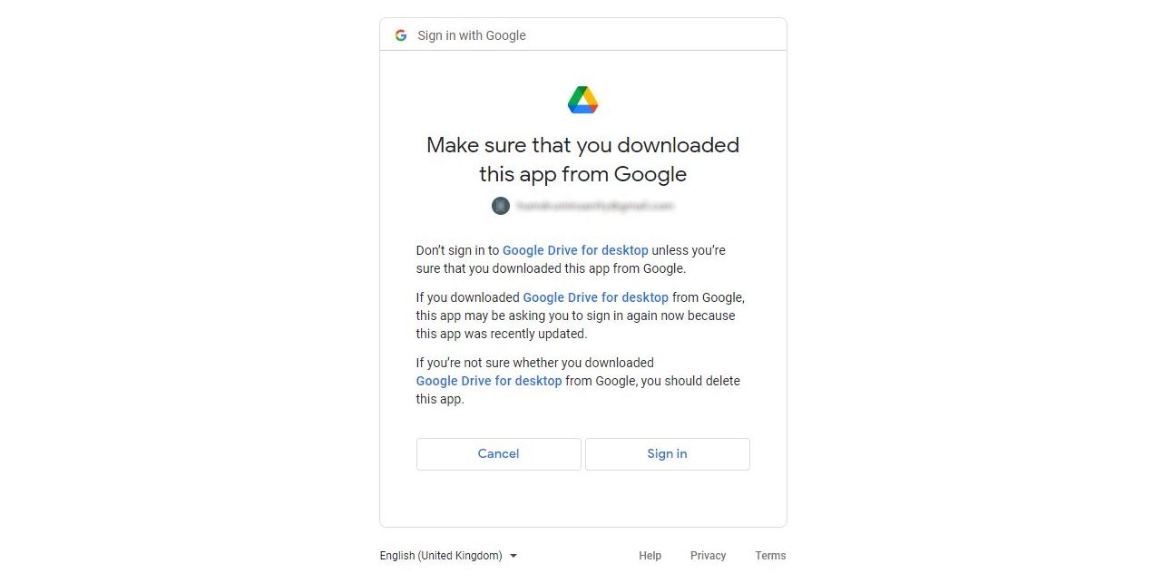 Une capture d'écran de la confirmation de connexion à Google Drive Security 