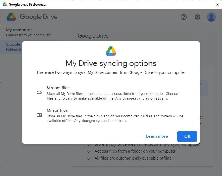 Une capture d'écran des options de synchronisation de Google Drive