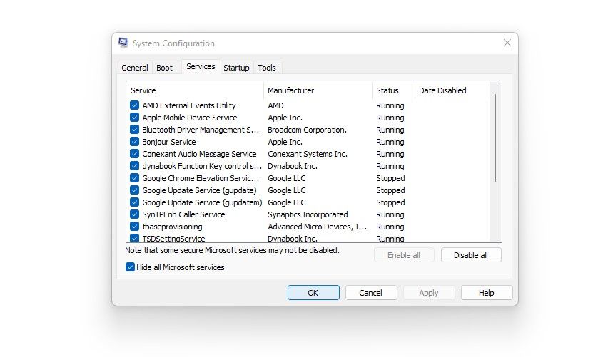 Cocher la case de l'option Masquer tous les services Microsoft dans l'onglet Service de l'application de configuration du système Windows