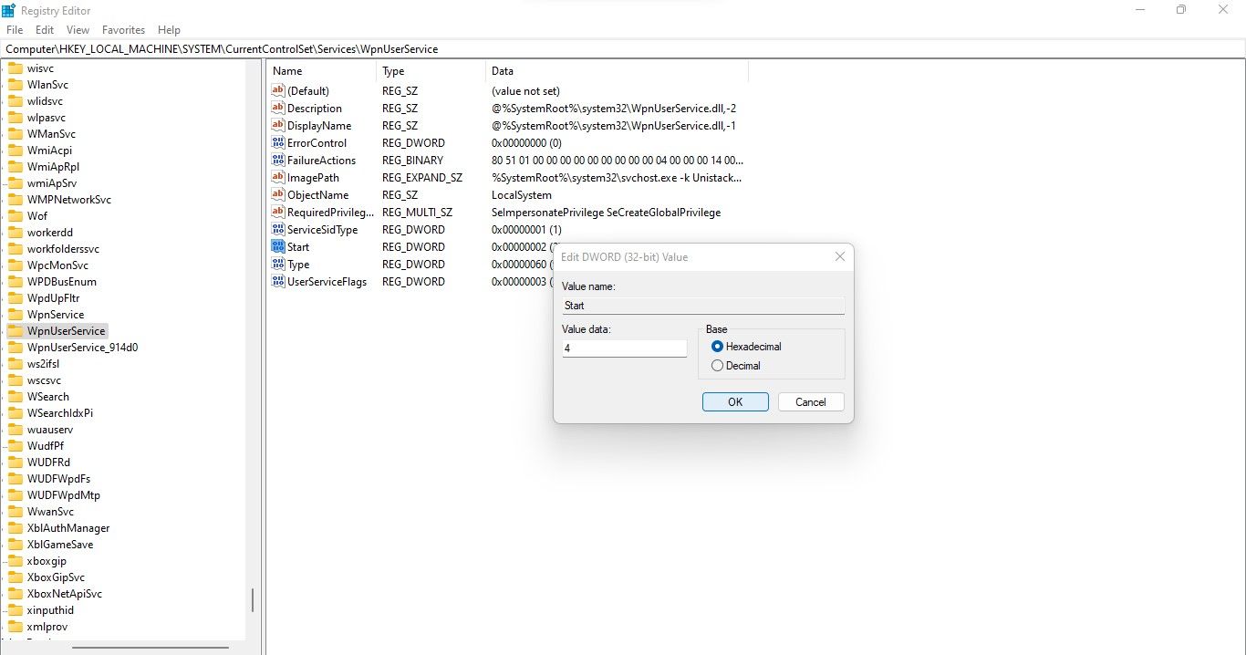 Désactivation de WpnUserService en modifiant les données de valeur de la clé WpnUserService dans l'éditeur de registre Windows