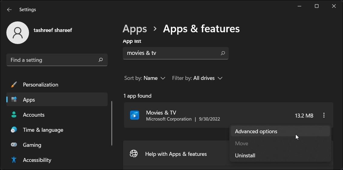 applications windows 11 films et tv options avancées