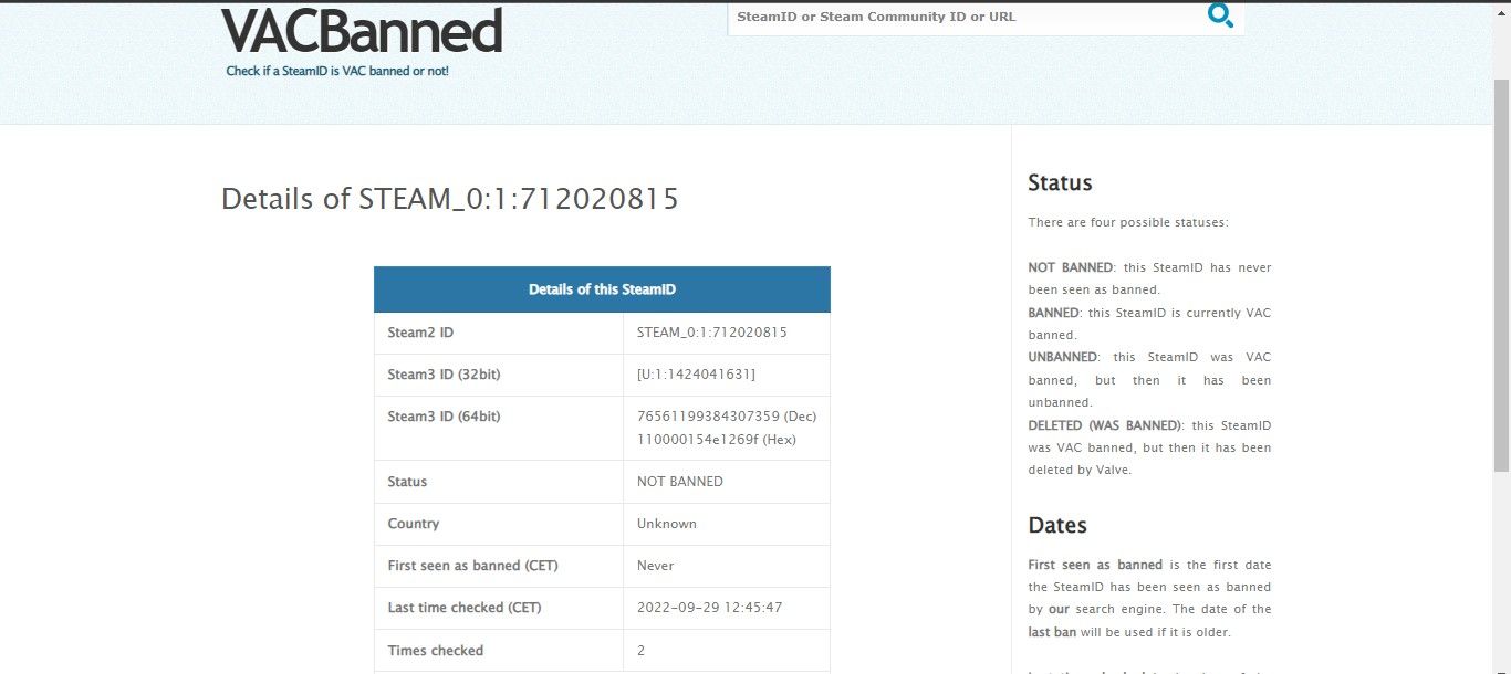 Vérification du statut VAC d'un compte sur le site Web VACBanned en saisissant l'ID Steam dans la barre de recherche