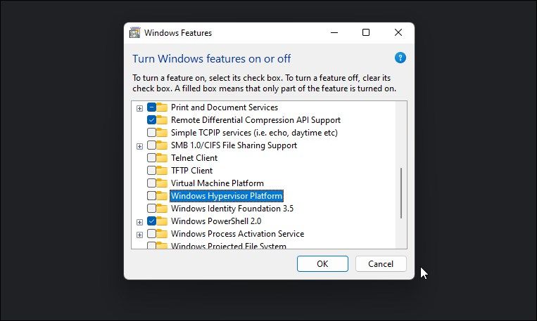 La boîte de dialogue des fonctionnalités Windows désactive la plate-forme d'hyperviseur Windows de la plate-forme de machine virtuelle